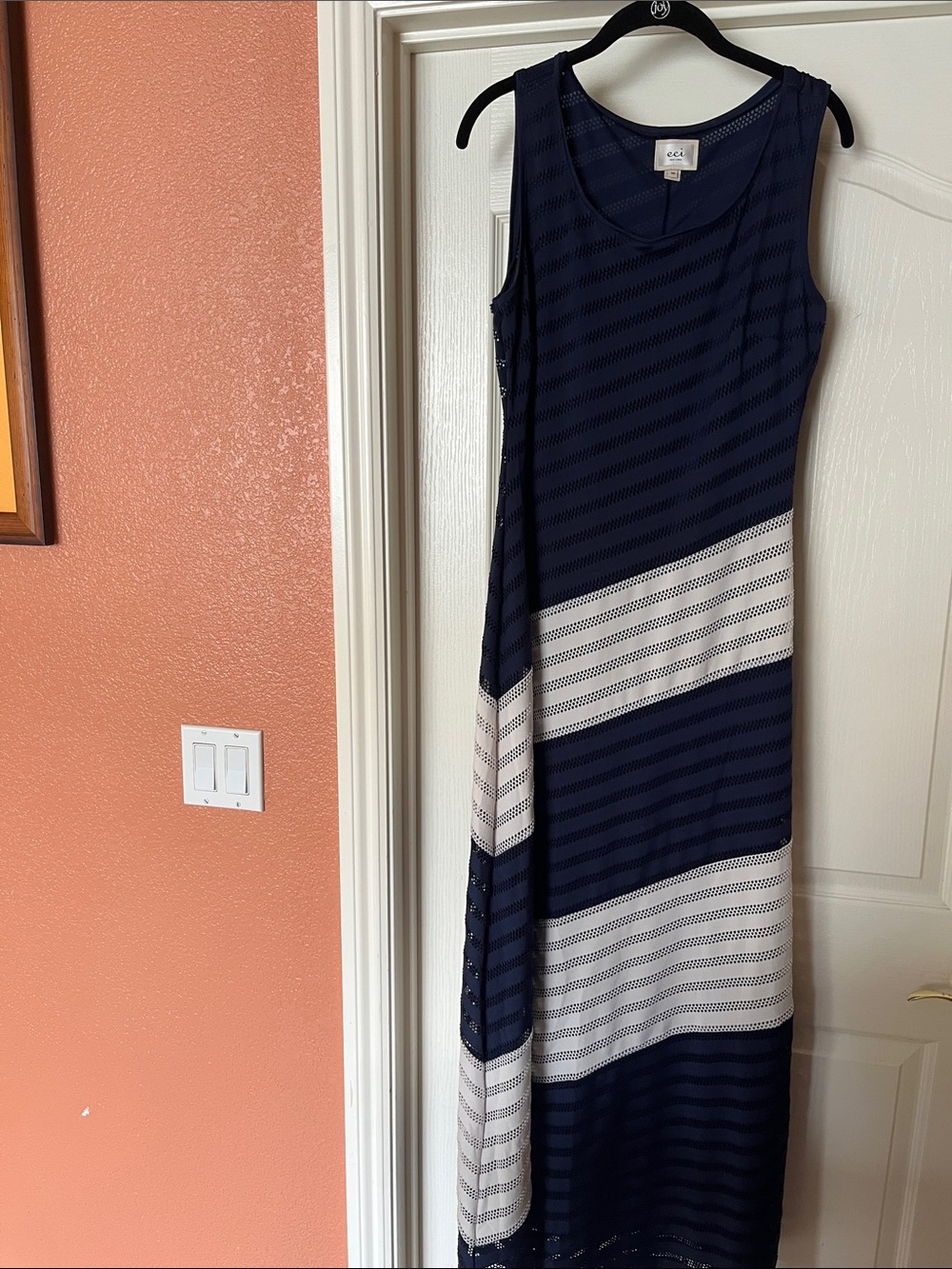 ECI Navy and White Diagonal Stripe Sleeveless Maxi Dress